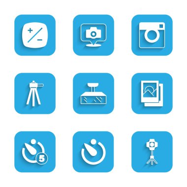 Set Softbox light, Camera timer, Photo frame, Tripod, camera and Exposure compensation icon. Vector