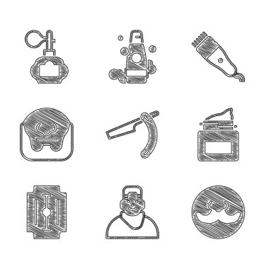 Düz tıraş makinesi, berber dükkanı müşterisi, bıyık, krem kozmetik kavanozu, bıçak ve sakal, elektrikli saç kesme makinesi ve tıraş losyonu ikonu. Vektör