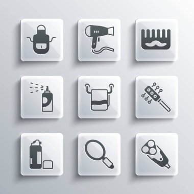 Set Hand mirror, Electric razor blade, Hairbrush, Towel on hanger, Shaving gel foam, Spray can for hairspray, Barber apron and  icon. Vector