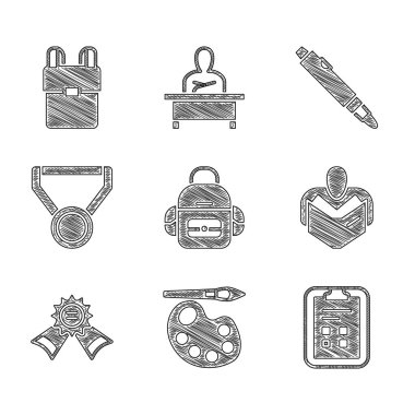 Okul sırt çantası, paletli boya fırçası, sınav kağıdı işaretleri, adam okuma kitabı, madalya, kalem ve simge. Vektör