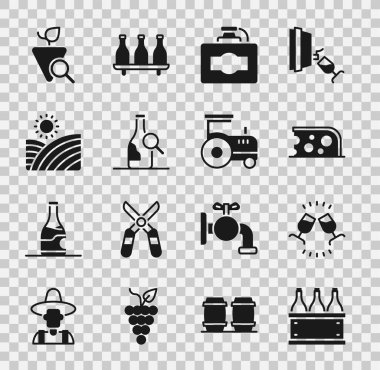 Set Bottles of wine in box, Wine tasting, degustation, Cheese, Cardboard, Vineyard grapes, Grapes and Tractor icon. Vector