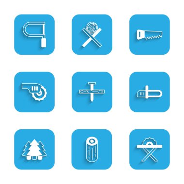 Set Metallic nail, Wooden logs, Electric circular saw, Chainsaw, Christmas tree, Hand and Hacksaw icon. Vector