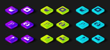 Set Shovel, Location for camping, Wooden axe, First aid kit, Sun and Hiking backpack icon. Vector