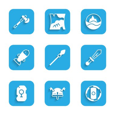 Set Medieval spear, Viking in horned helmet, Shield viking, sword, Magic rune, Fish, Sea and waves and Wooden axe icon. Vector