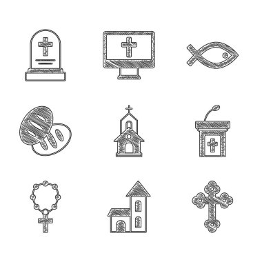 Set Church building, Christian cross, sermon tribune, Rosary beads religion, bread, fish symbol and Grave with tombstone icon. Vector