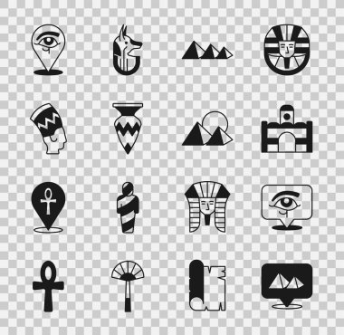 Set Egypt pyramids, Eye of Horus, Egyptian house, vase, Nefertiti,  and  icon. Vector