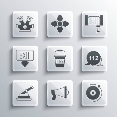 Set Megaphone, Ringing alarm bell, Emergency call, Fire bucket, hose reel, exit, hydrant and  icon. Vector