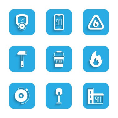 Set Fire bucket, shovel, Building of fire station, flame, Ringing alarm bell, Hammer, triangle and Gas mask icon. Vector