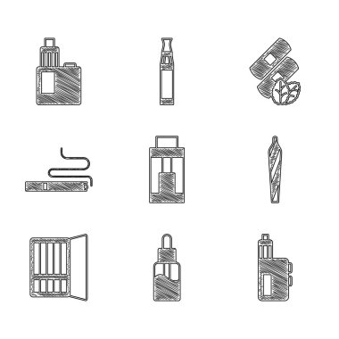 Vape mod cihazı, sıvı şişe, marihuana esrarı, esrar, sigara tabakası, tıbbi nikotin bantları ve ikon. Vektör