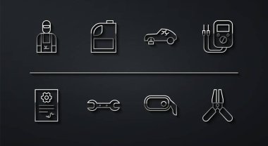 Set line Car mechanic, Auto service check automotive, Multimeter, rearview mirror, Wrench spanner, Canister for motor machine oil, battery jumper power cable and Broken car icon. Vector