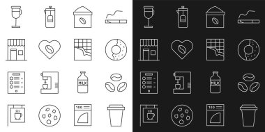Set line Coffee cup to go, beans, Donut with sweet glaze, Bag coffee, Lovers, shop, Irish and Chocolate bar icon. Vector