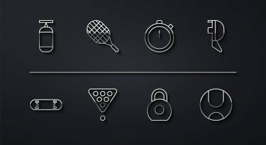 Set line Punching bag, Skateboard trick, Fencing helmet mask, Kettlebell, Billiard balls rack triangle, Tennis racket,  and Stopwatch icon. Vector