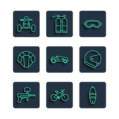 Set line Paintball gun, Bicycle, Surfboard, Ski goggles, Vintage sport racing car, Parachute, ATV motorcycle and Helmet icon. Vector