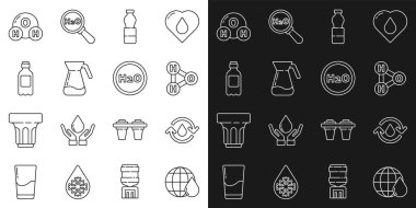 Set line Earth planet in water drop, Recycle clean aqua, Chemical formula for H2O, Bottle of, Jug glass with,  and  icon. Vector