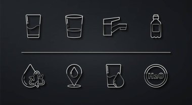 Set line Glass with water, Recycle clean aqua, Bottle of, Water drop location, Chemical formula for H2O and tap icon. Vector