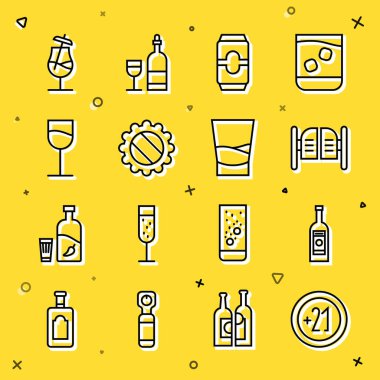 Set line Alcohol 21 plus, Glass bottle of vodka, Saloon door, Beer can, Bottle cap, Wine glass, Cocktail and  icon. Vector