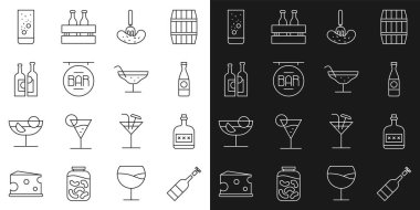 Set line Opened bottle of wine, Alcohol drink Rum, Beer, Pickled cucumber on a fork, Street signboard with Bar, Bottles, Effervescent tablets water and Cocktail icon. Vector