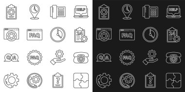Set line Piece of puzzle, Telephone, Checklist with 24 hours service, Browser FAQ, setting,  and Time Management icon. Vector