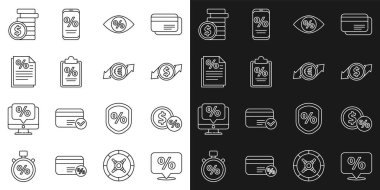 Set line Discount percent tag, Money coin with, Financial growth and dollar, Eye, Finance document, Coin money and euro icon. Vector