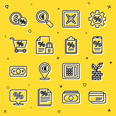 Set line Credit card, Dollar plant, Percent discount and mobile, Safe, Finance document lock, Shopping cart, Money coin with percent and  icon. Vector