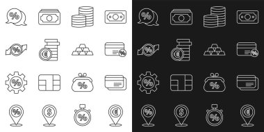 Set line Cash location, Credit card, Discount with percent, Coin money, euro symbol, tag,  and Gold bars icon. Vector