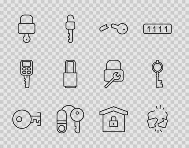 Set line Key, Broken or cracked lock, key, House with, Lock and, under protection and Old icon. Vector