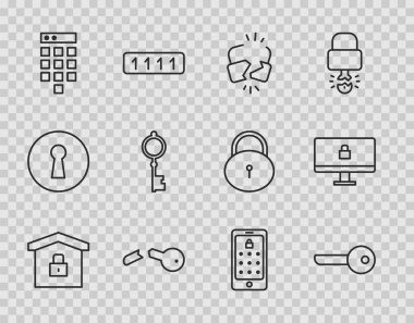 Set line House under protection, Key, Broken or cracked lock, key, Password, Old, Mobile and graphic password and Lock computer monitor icon. Vector