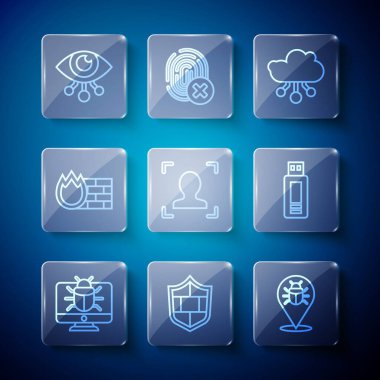 Set line System bug on monitor, Shield with brick wall, Internet of things, Face recognition, Firewall, security, Eye scan and USB flash drive icon. Vector