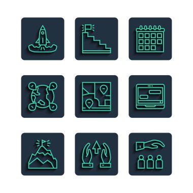 Set line Mountains with flag, Growth chart and progress, Boss employee, Calendar, Folded map location, Location the globe, Rocket and Chat messages laptop icon. Vector