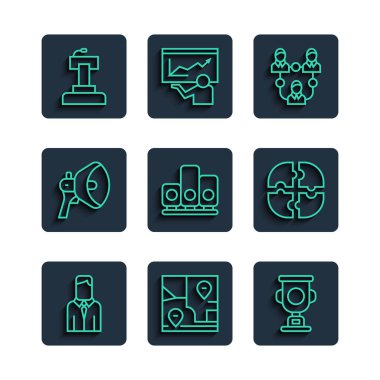 Set line Worker, Folded map with location, Award cup, Project team base, Ranking star, Megaphone, Stage stand tribune and Piece of puzzle icon. Vector