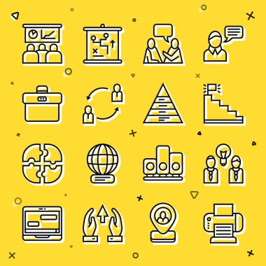 Set line Printer, People with lamp bulb, Stair finish flag, Two sitting men talking, Human resources, Briefcase, Training, presentation and Pyramid chart infographics icon. Vector