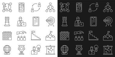Set line Planning strategy concept, Mountains with flag, Target arrow, Human resources, Businessman, Location the globe and Clipboard checklist icon. Vector