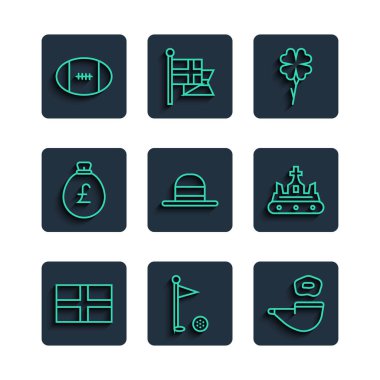 Set line Flag of England, Golf flag, Smoking pipe, Four leaf clover, Elegant women hat, Money bag with pound, Rugby ball and British crown icon. Vector