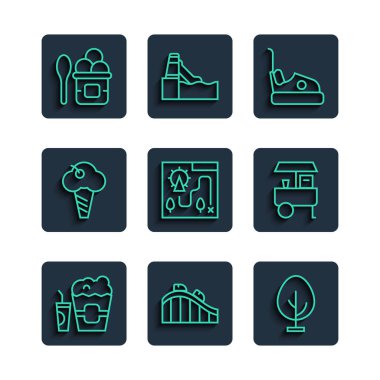 Set line Popcorn in box and glass, Roller coaster, Tree, Bumper car, Amusement park map, Ice cream waffle cone, bowl and Fast street food cart icon. Vector