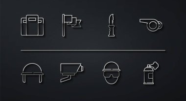 Set line Police assault shield, Military helmet, Whistle, Special forces soldier, Security camera, Location marker, Paint spray can and knife icon. Vector