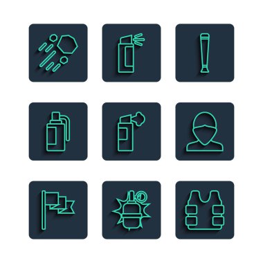 Set line Location marker, Hand grenade, Bulletproof vest, Police rubber baton, Pepper spray, Flying stone and Vandal icon. Vector