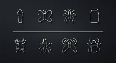Set line Larva insect, Beetle deer, Glass jar, Butterfly, Termite, Stink bug and Mosquito icon. Vector