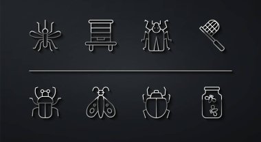 Set line Mosquito, Stink bug, Butterfly net, Mite, Hive for bees, Fireflies bugs a jar and Beetle icon. Vector