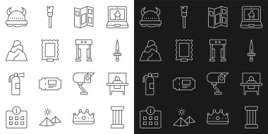Set line Ancient column, Glass showcase for exhibit, Dagger, Museum guide brochure, Picture, Rock stones, Viking in horned helmet and Metal detector icon. Vector