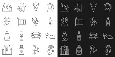 Set line Roman army helmet, Woman shoe, Bottle of olive oil, Slice pizza, Flag Italy, Location flag, Village landscape and Olives branch icon. Vector