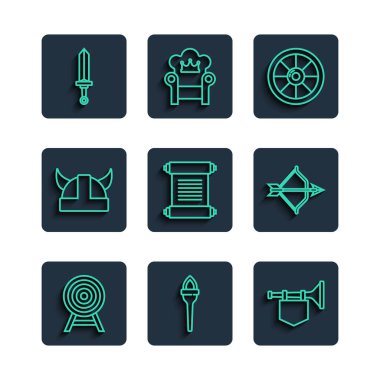 Set line Target with arrow, Torch flame, Trumpet flag, Round wooden shield, Decree, parchment, scroll, Viking in horned helmet, Medieval sword and bow and icon. Vector