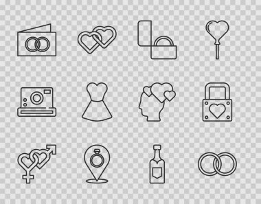 Set line Gender, Wedding rings, Diamond engagement, Greeting card, Woman dress, Champagne bottle and Lock and heart icon. Vector