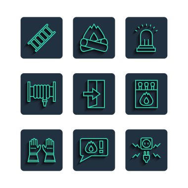 Set line Firefighter gloves, Telephone call 911, Electricity spark, Ringing alarm bell, exit, hose reel, escape and Matchbox and matches icon. Vector