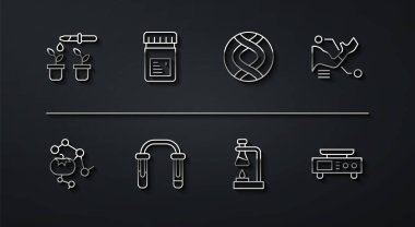 Set line Pipette and plant, Genetically modified food, Prosthesis hand, Test tube flask on fire, Jar with additives, Electronic scales and DNA symbol icon. Vector