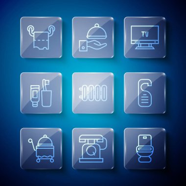 Set line Covered with tray, Telephone handset, Toilet bowl, Smart Tv, Heating radiator, Toothbrush toothpaste, paper roll and Please do not disturb icon. Vector