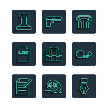 Set line Document and pen, Scales of justice, Fountain nib, Law pillar, Briefcase, book, Stamp and Ball on chain icon. Vector