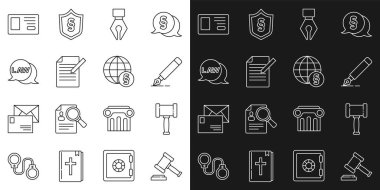 Set line Judge gavel, Fountain pen nib, Document and, Law, Identification badge and International law icon. Vector