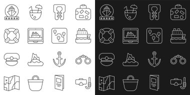 Set line Diving mask and snorkel, Binoculars, Cruise ship, Life jacket, Lifebuoy,  and Route location icon. Vector
