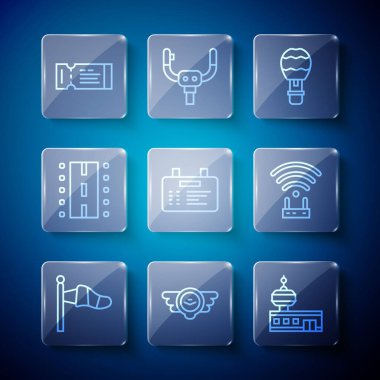 Set line Cone meteorology windsock, Aviation emblem, Airport control tower, Hot air balloon, board, runway, Airline ticket and Router and wi-fi signal icon. Vector