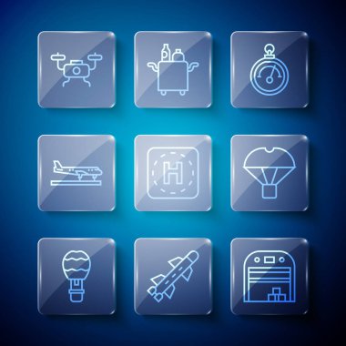 Set line Hot air balloon, Rocket, Aircraft hangar, Barometer, Helicopter landing pad, Plane, Drone flying and Box parachute icon. Vector